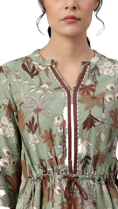 Green Printed Gathered Western Dress in Germany