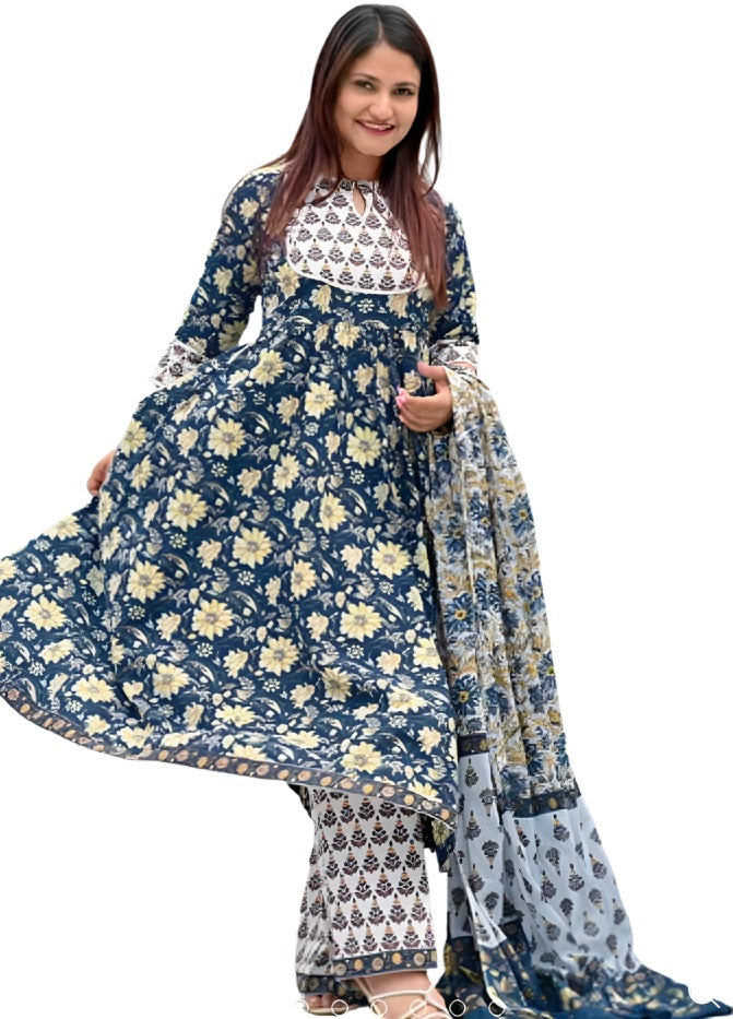 Blue Printed Cotton Anarkali Kurta With Palazzos & Dupatta in Berlin