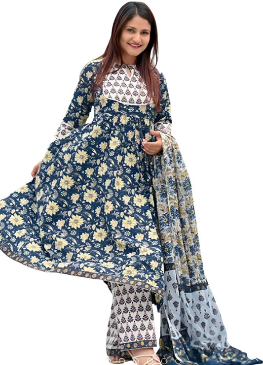 Blue Printed Cotton Anarkali Kurta With Palazzos & Dupatta in Berlin