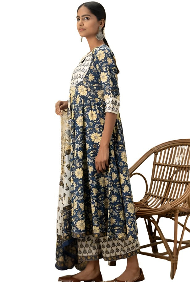 Blue Printed Cotton Anarkali Kurta With Palazzos & Dupatta in Berlin