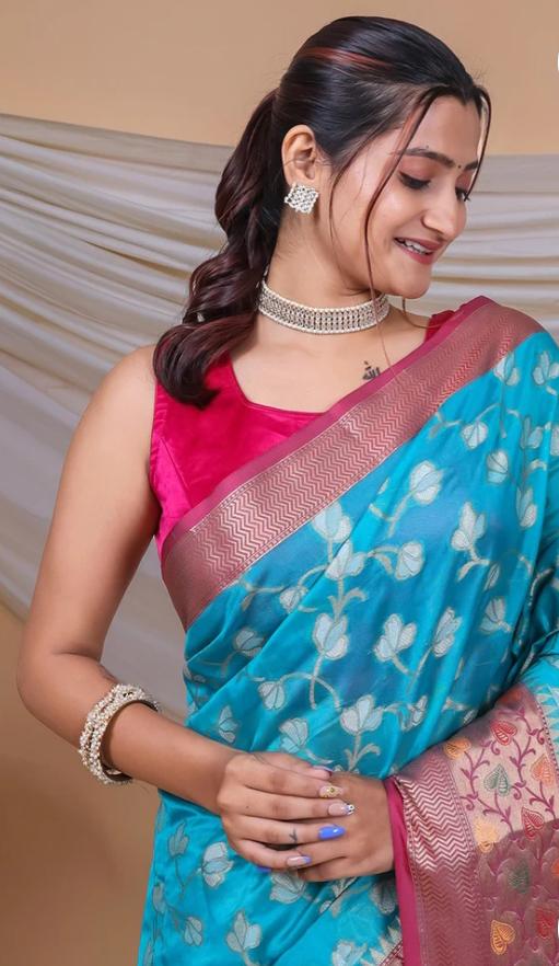Organza Saree with Hot Pink Jacquard Border in Berlin