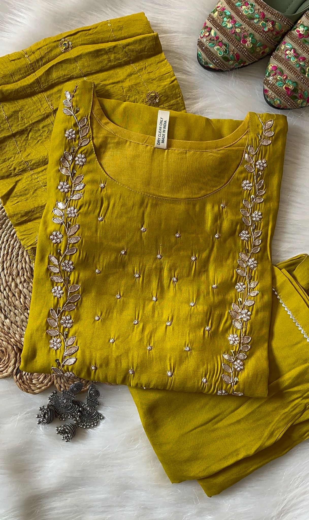 Handwork at Neck gotta Patti Pearl Dola Silk Kurta Dupatta Bottom Set in Germany