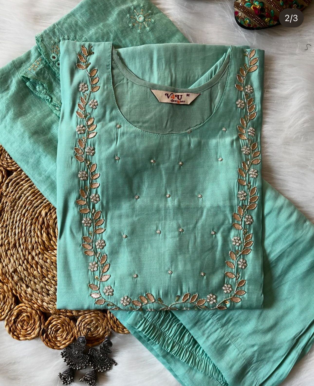 Handwork at Neck gotta Patti Pearl Dola Silk Kurta Dupatta Bottom Set in Germany