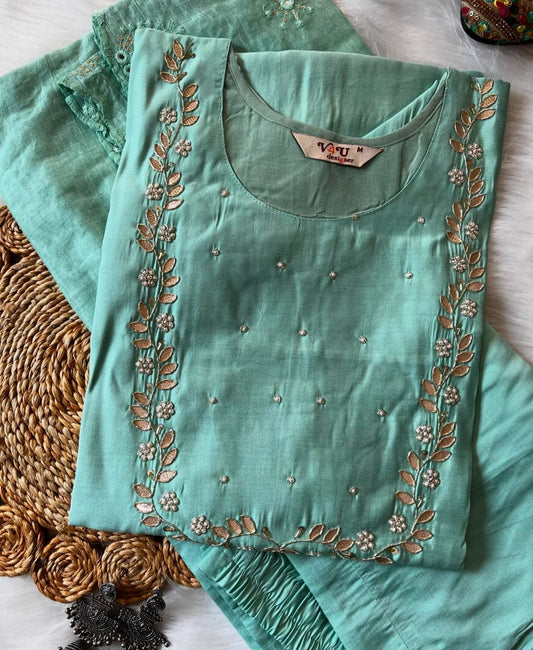 Handwork at Neck gotta Patti Pearl Dola Silk Kurta Dupatta Bottom Set in Germany
