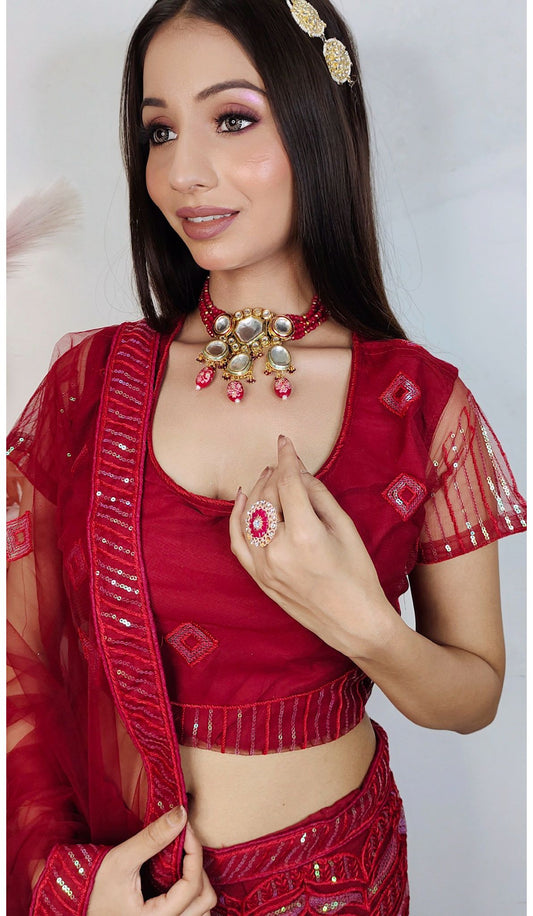 Partywear complete stitched Lehenga Choli set embroidery and fabric detail - Neha Couture Indian Fashion
