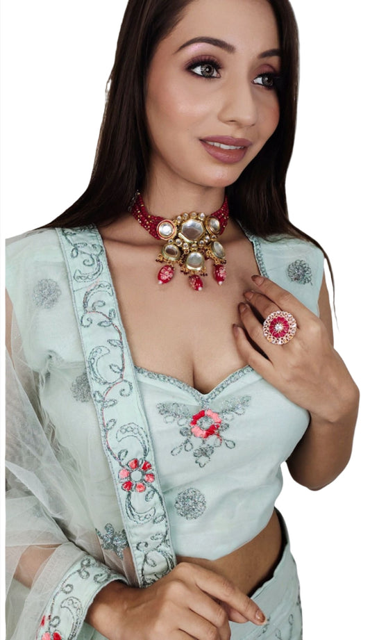Partywear complete stitched Lehenga Choli set embroidery and fabric detail - Neha Couture Indian Fashion