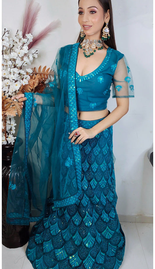 Partywear complete stitched Lehenga Choli set embroidery and fabric detail - Neha Couture Indian Fashion