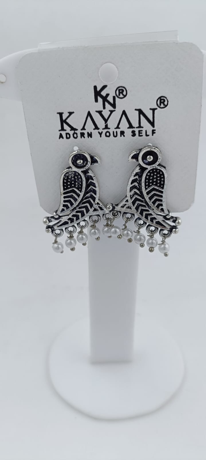 Dangling Pearl Parrot Oxidised Earrings in Munich