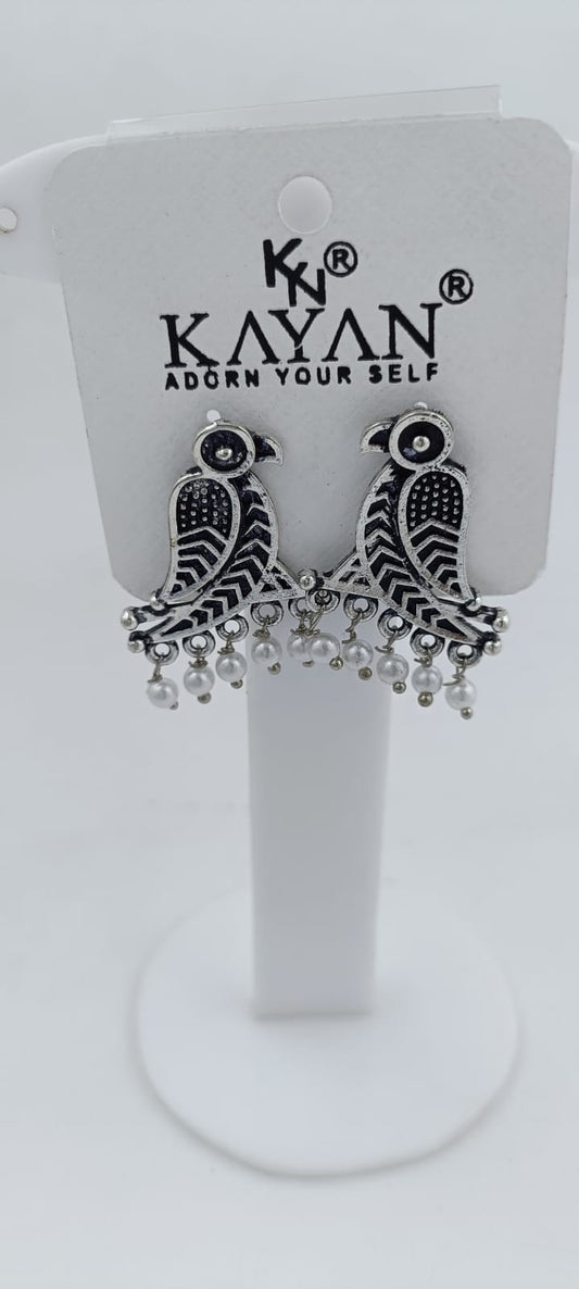 Dangling Pearl Parrot Oxidised Earrings in Munich