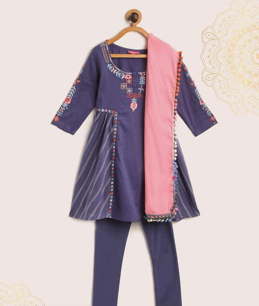 Girls Navy Blue Ethnic Motifs Embroidered Pure Cotton Kurta with Churidar & Dupatta in Berlin