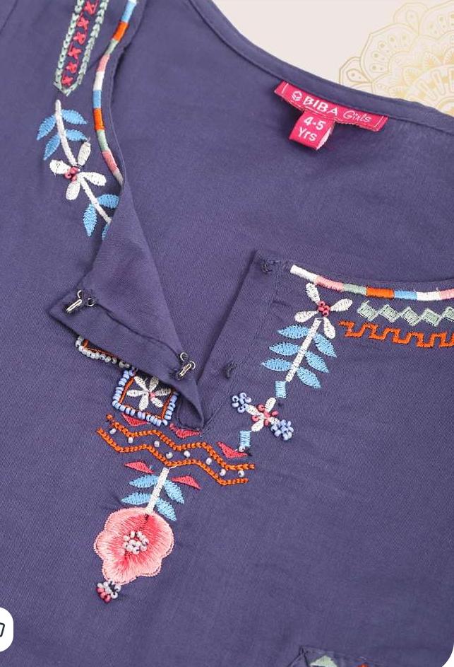 Girls Navy Blue Ethnic Motifs Embroidered Pure Cotton Kurta with Churidar & Dupatta in Berlin
