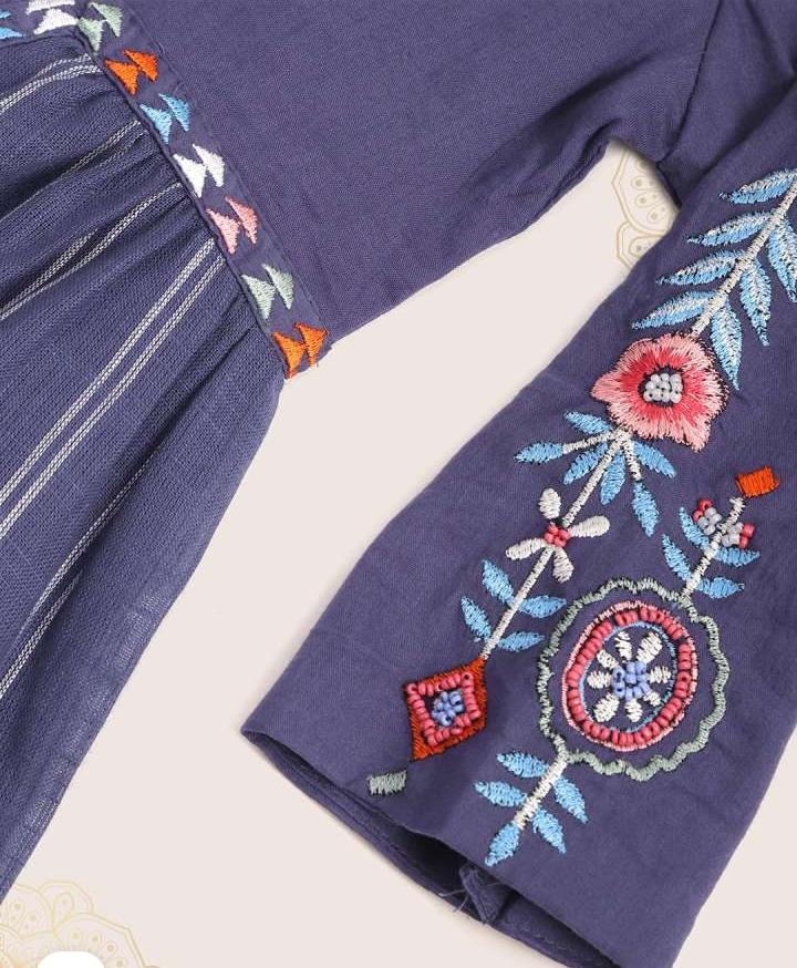 Girls Navy Blue Ethnic Motifs Embroidered Pure Cotton Kurta with Churidar & Dupatta in Berlin