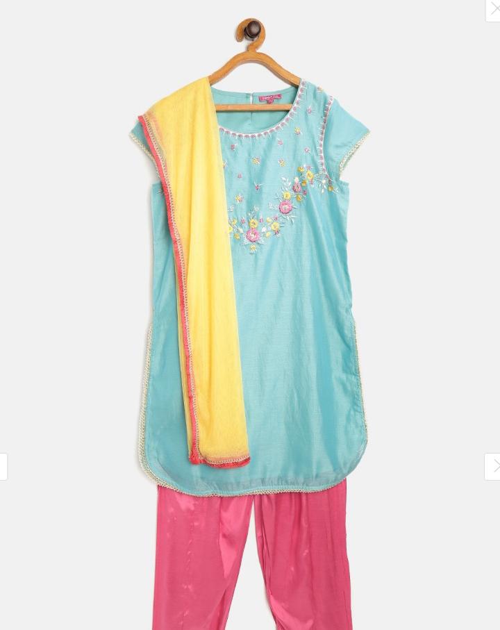 Girls Turquoise Blue & Pink Satin Finish Yoke Design Kurta with Salwar & Dupatta