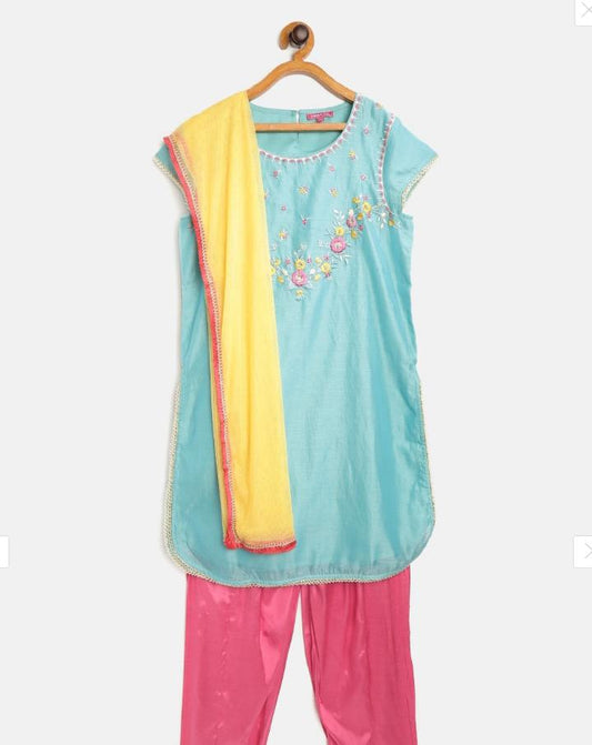 Girls  Turquoise  Blue & Pink Satin Finish Yoke Design Kurta with Salwar & Dupatta