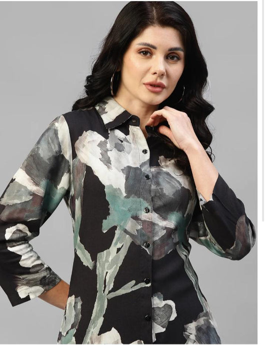 Black Abstract Viscose Rayon Women's Shirt Dress embroidery and fabric detail - Neha Couture Indian Fashion