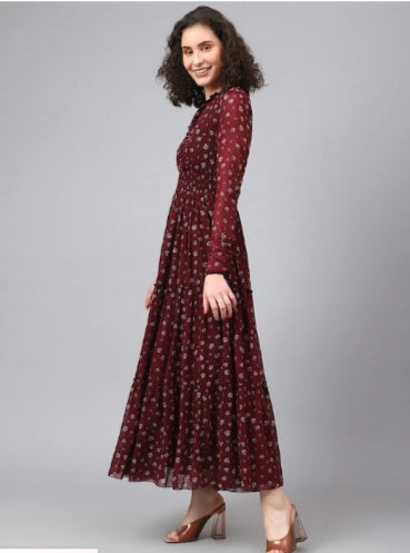 Wine Smocking Tier Dress embroidery and fabric detail - Neha Couture Indian Fashion