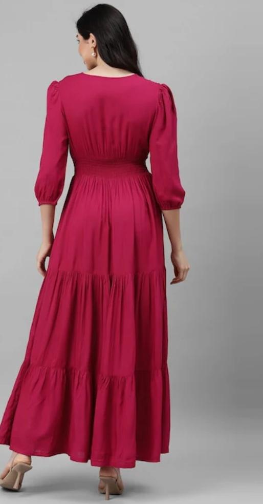 Solid Smocked Tiered Maxi Dress embroidery and fabric detail - Neha Couture Indian Fashion