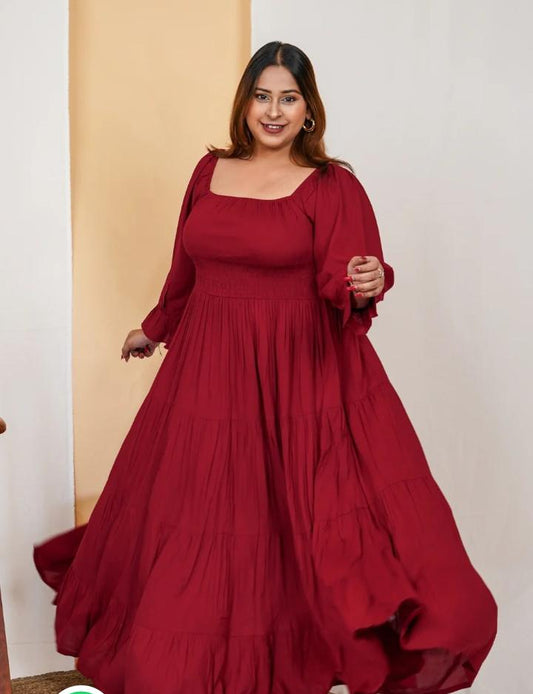 Women's Plus Size Maroon Square Neck Solid Maxi Dress embroidery and fabric detail - Neha Couture Indian Fashion