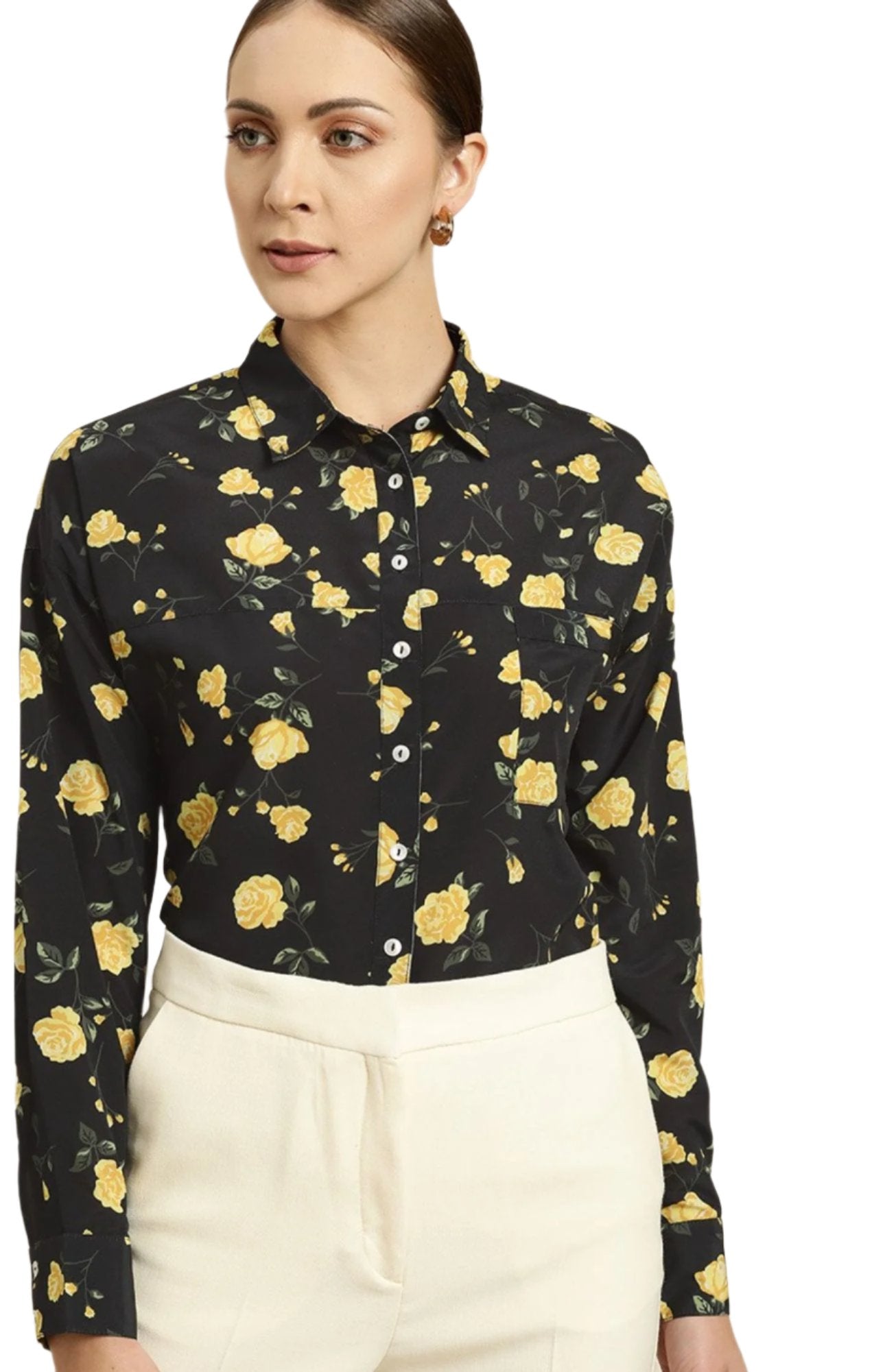 Women Black Floral Print Drop-Shoulder Sleeves Solid Formal Shirt in Germany