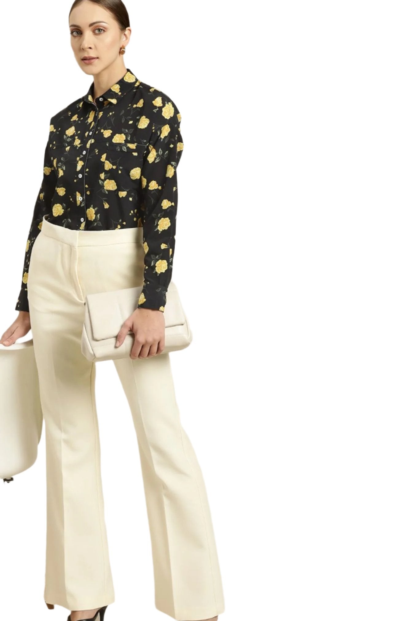 Women Black Floral Print Drop-Shoulder Sleeves Solid Formal Shirt in Germany