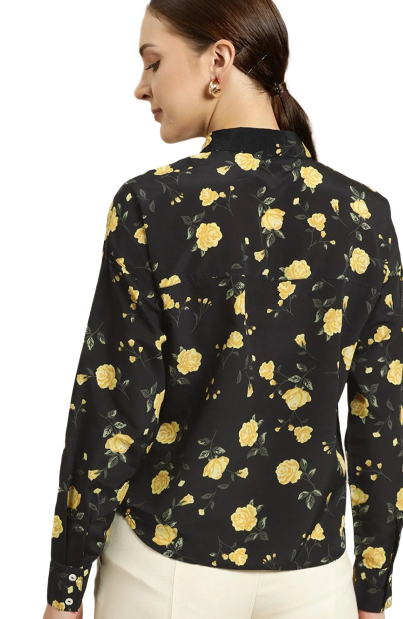 Women Black Floral Print Drop-Shoulder Sleeves Solid Formal Shirt in Germany