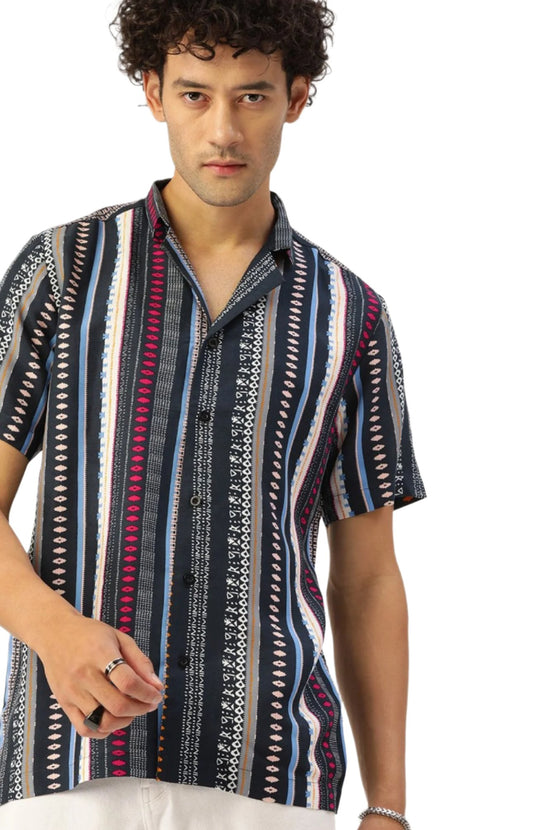 Classic Printed Cuban Collar Casual Resort Shirt in Berlin