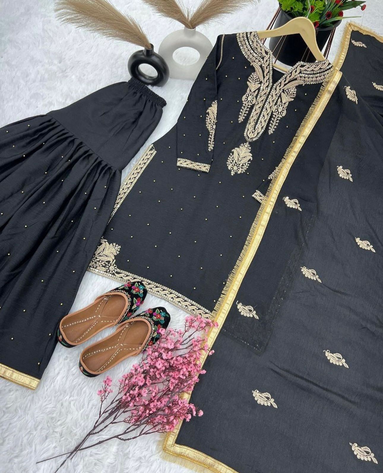 Gorgeous Black Chinon Silk With Sequence Work Sharara Suit With Dupatta in Germany