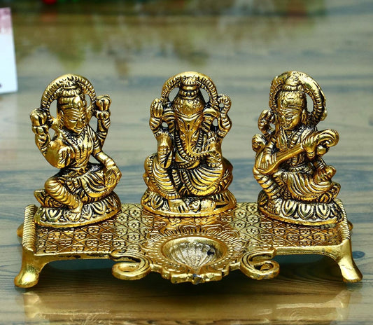 Laxmi Ganesh Saraswati with Diya Decorative - Neha Couture Indian Fashion