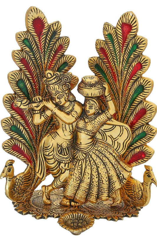 Peacock Design Radha Krishna Idol Showpiece with Diya for Puja and Home Decor - Neha Couture Indian Fashion