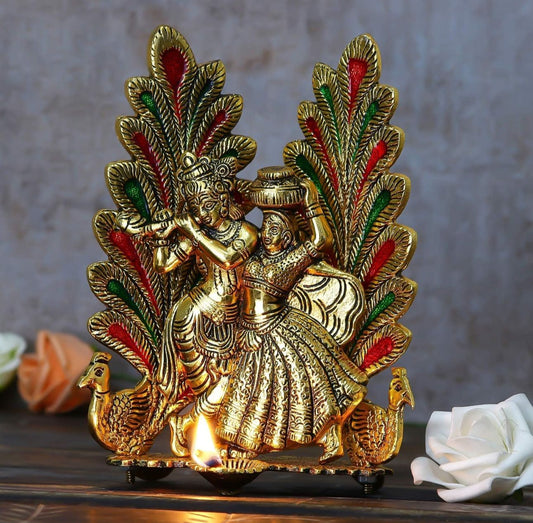 Peacock Design Radha Krishna Idol Showpiece with Diya for Puja and Home Decor in Berlin