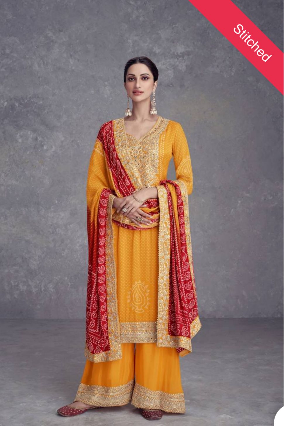 Mustard Mirror Embroidered Chinon Kurta Set in Germany