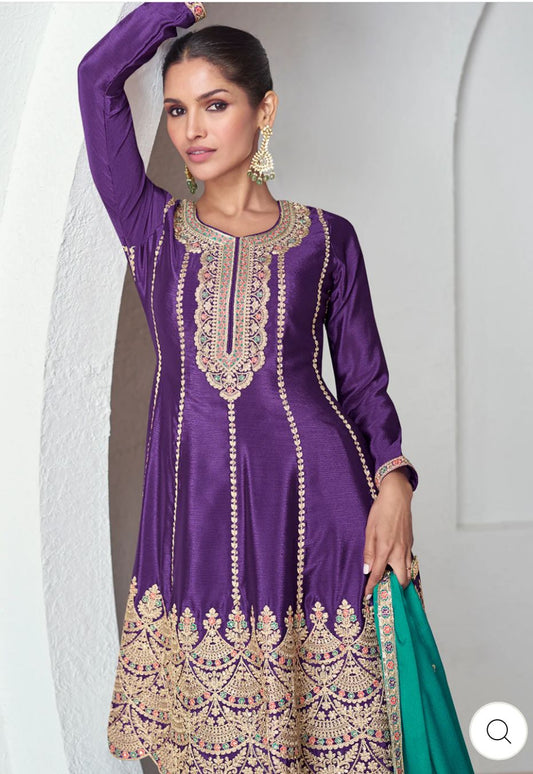 Heavy Embroidered Short Umbrella Suit Set embroidery and fabric detail - Neha Couture Indian Fashion