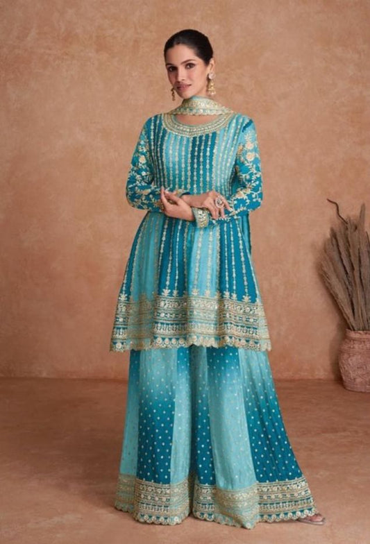 Embroidered Chinon Silk Pakistani Suit in Blue in Munich