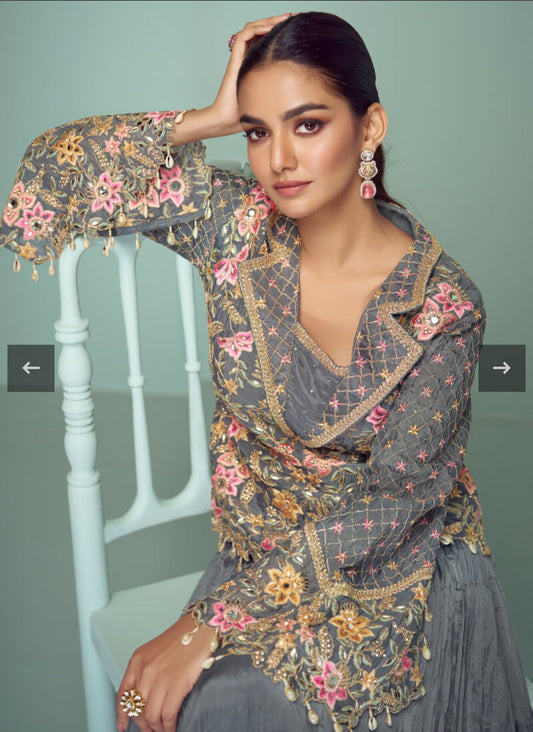 Embroidered Chinon Silk Sharara Suit in Grey embroidery and fabric detail - Neha Couture Indian Fashion