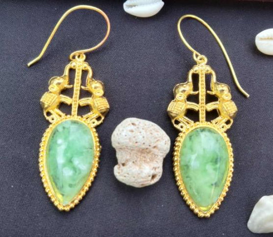 Premium Quality German Silver Gold Plated Designer Party wear Drop Shape Green Stone Elephant Stud Dangler Earring in Germany