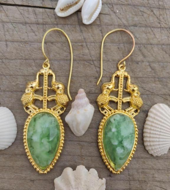 Premium Quality German Silver Gold Plated Designer Party wear Drop Shape Green Stone Elephant Stud Dangler Earring in Germany