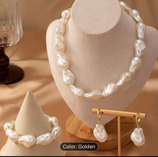 White Irrregular Shape Pearl Necklace with Earrings and Bracelet in Munich