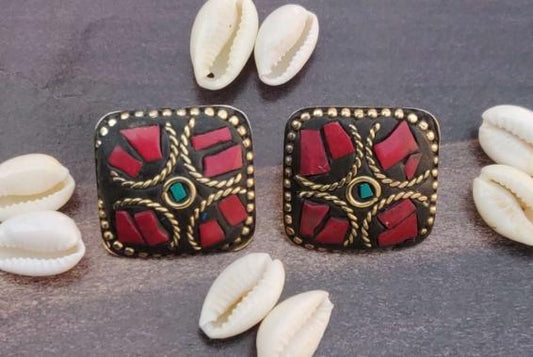 Square Shaped Tibetan Style Stud Earrings, Lac Work Earrings in Berlin