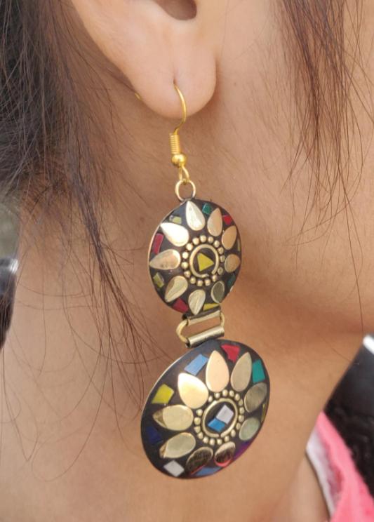 Handcrafted Handmade Antique Multicolor Round Shaped Double Layer Laq Earrings in Berlin