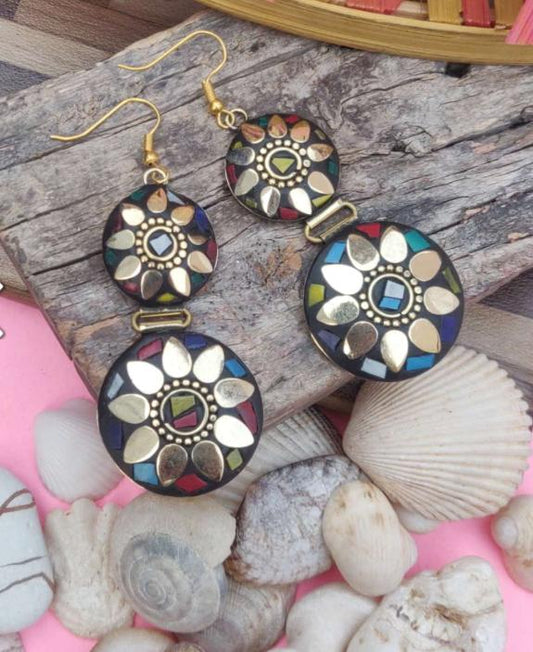 Handcrafted Handmade Antique Multicolor Round Shaped Double Layer Laq Earrings in Berlin