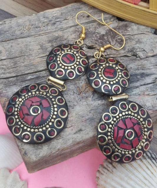 Handcrafted Handmade Antique Multicolor Round Shaped Double Layer Laq Earrings in Berlin