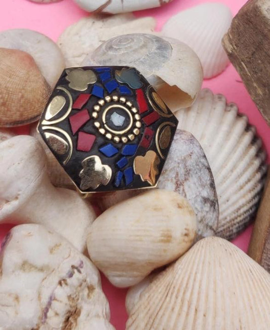 Traditional Ethnic Tibetan Cultural Lac Embellished Size Adjustable Brass Ring in Germany