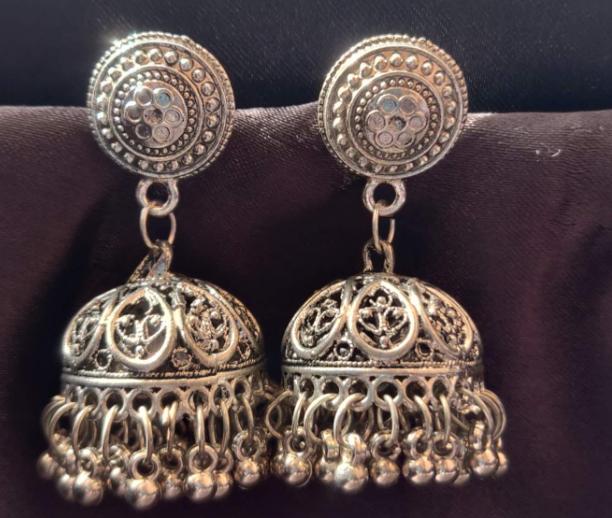 Silver Oxidized Stud Jhumka Earrings with Ghungroo Earchain for Women and Girls in Germany