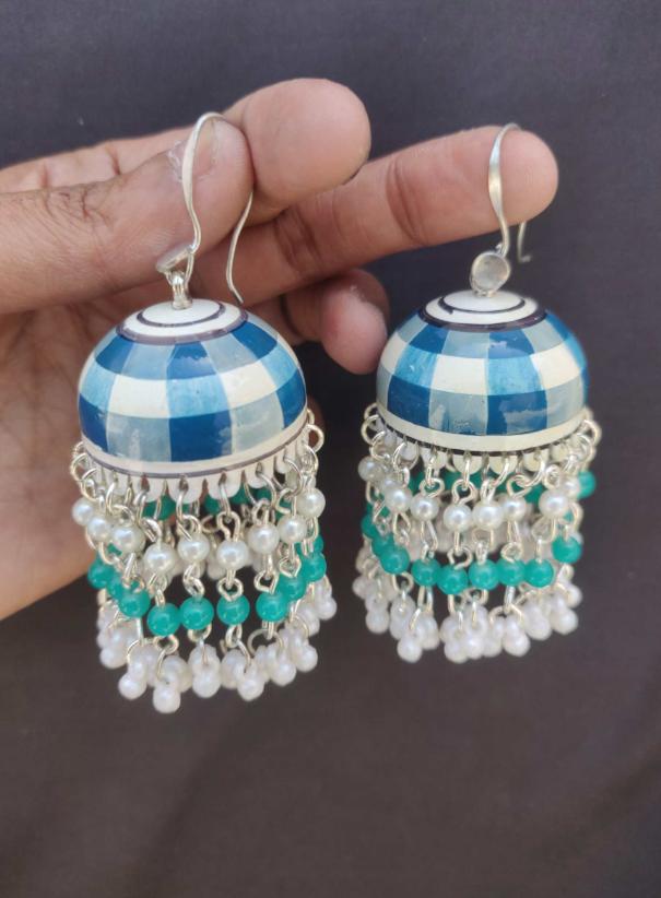 Handmade Handpainted Cheque Meenakari Work Jhumka in Germany