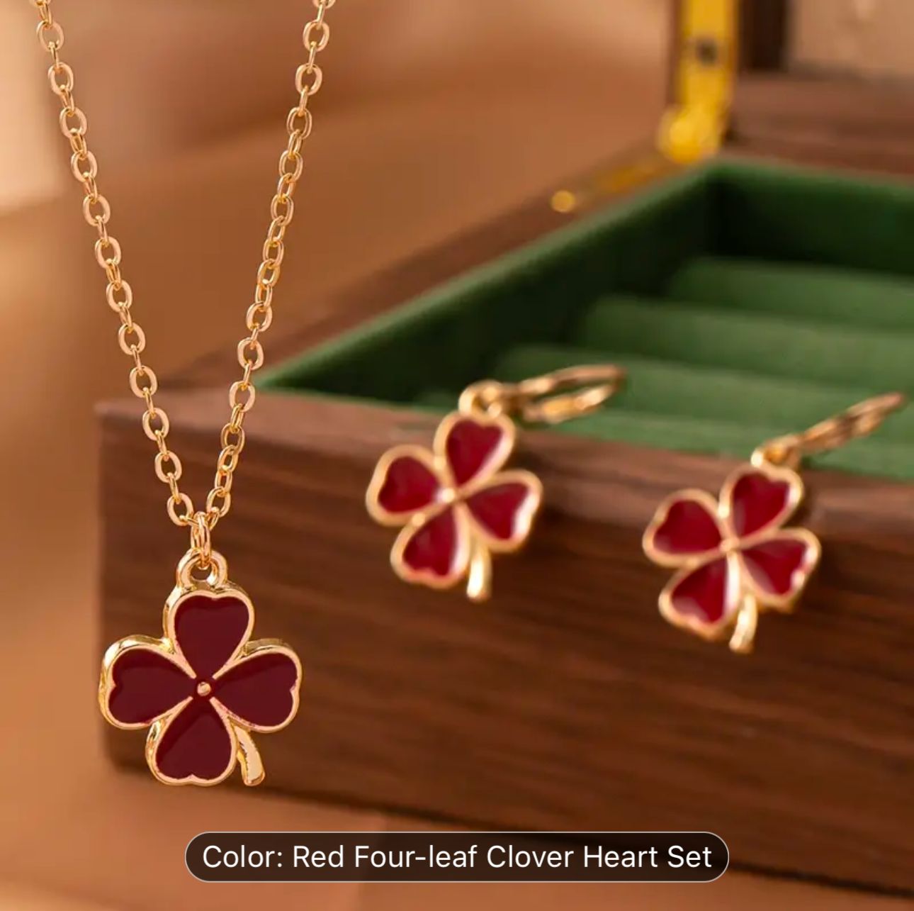 Red Four Leaf Clover Opal Pendant Necklace & Earrings Jewelry Set in Berlin