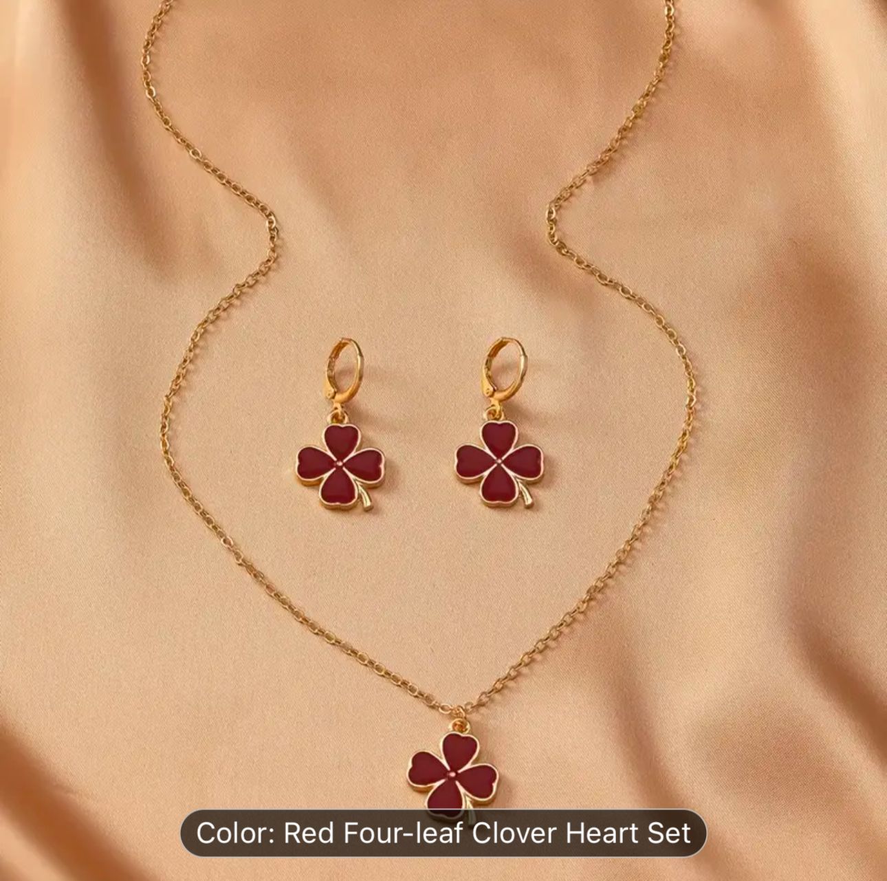 Red Four Leaf Clover Opal Pendant Necklace & Earrings Jewelry Set in Berlin