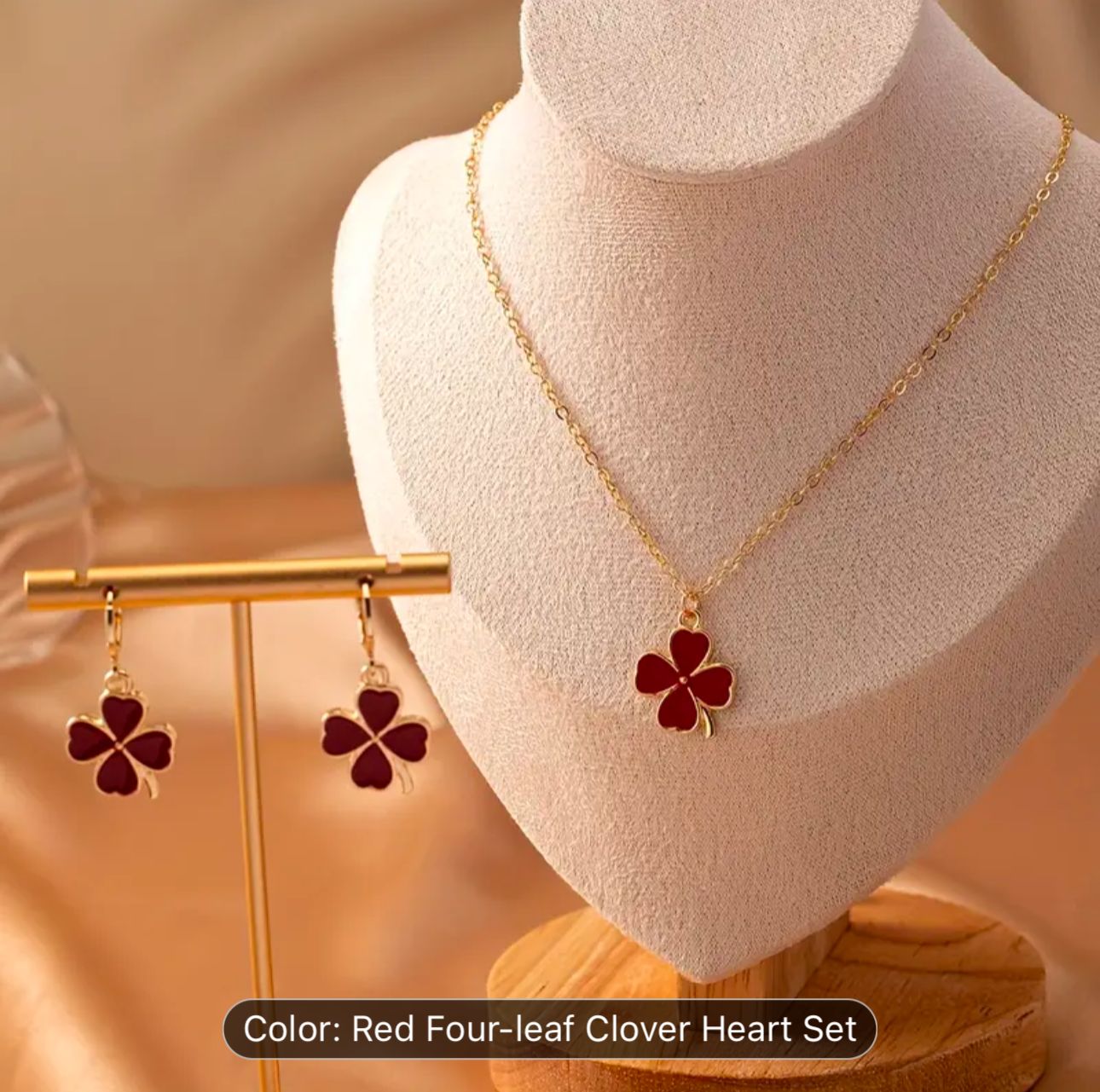 Red Four Leaf Clover Opal Pendant Necklace & Earrings Jewelry Set in Berlin