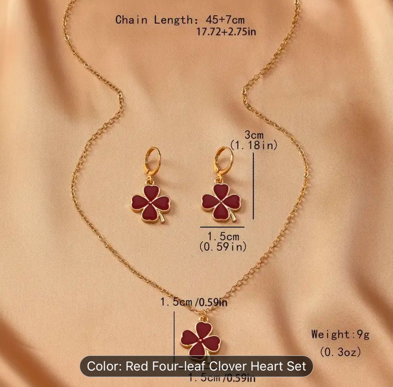 Red Four Leaf Clover Opal Pendant Necklace & Earrings Jewelry Set in Berlin