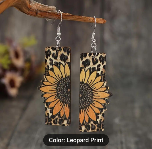 Leopard Sunflower Dangle Hand Painted Boho Wood Earrings in Germany