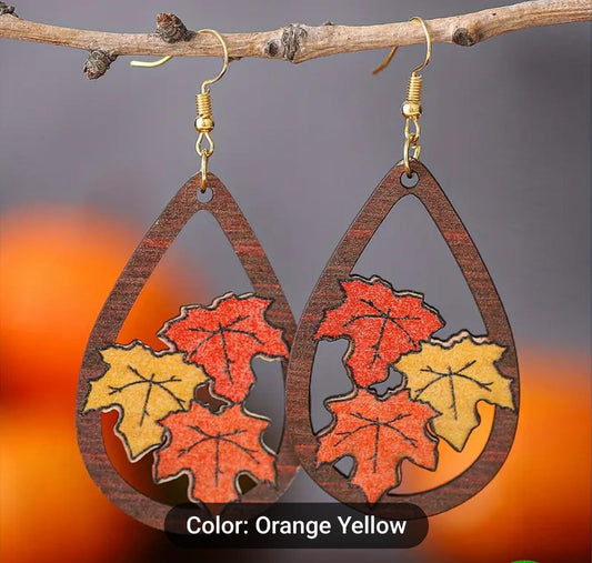 Wooden Pumpkin Maple Leaf Dangle Drop Earrings in Berlin